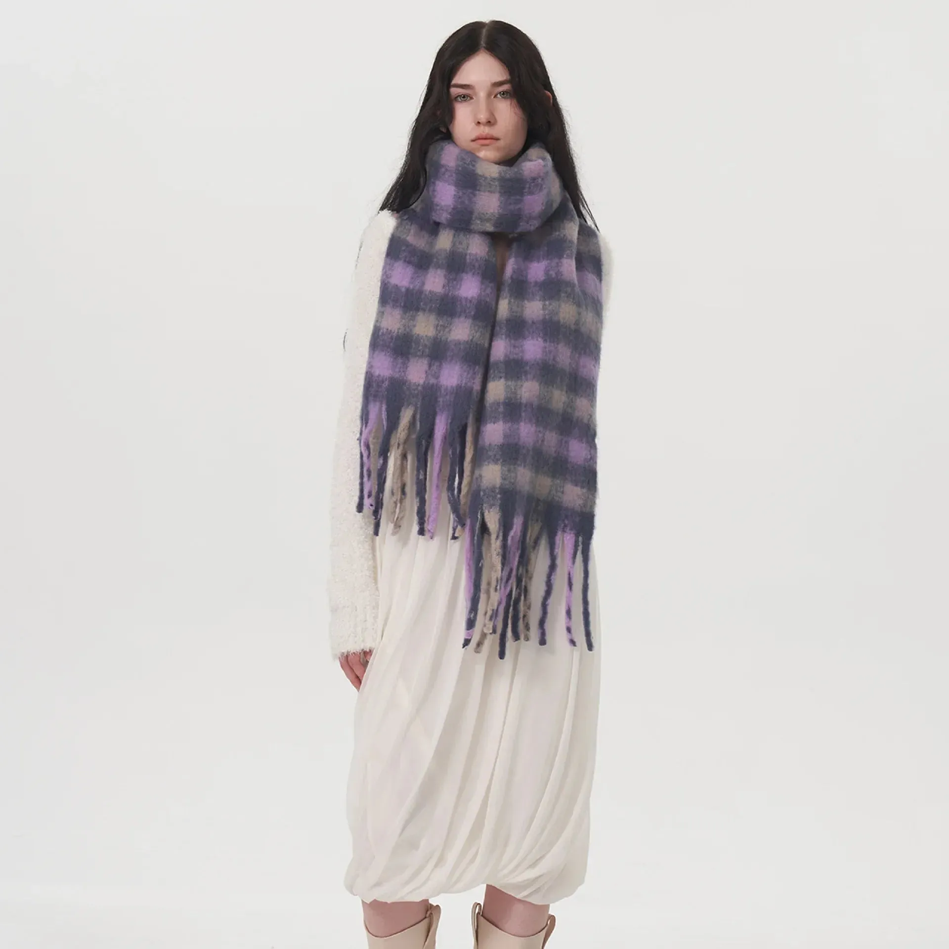 Winter Warm Cashmere Fashion Purple Gray Gradient Plaid Scarf