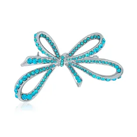 Winter Wedding Blue Crystal Bridal Statement Ribbon Bow Brooch Pin Silver Plated