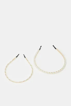 Women White And Gold Pearl Embellished Headband (2 Piece)